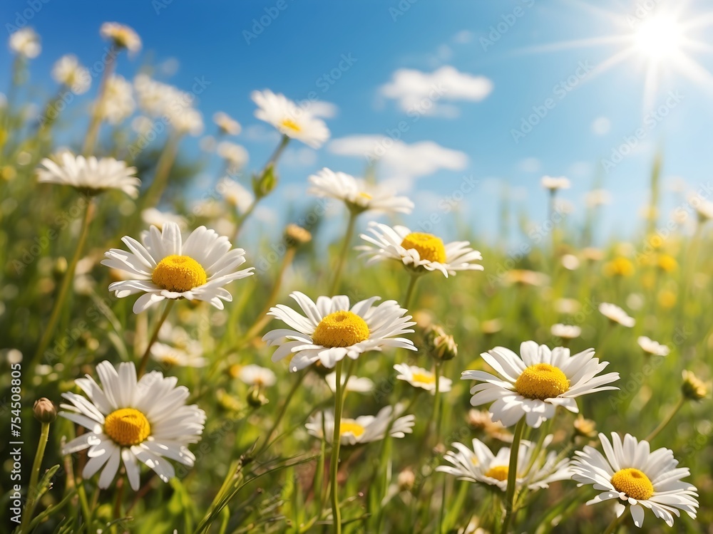 Daisies in a meadow under a sunny sky, capturing the essence of a carefree summer day, generative AI