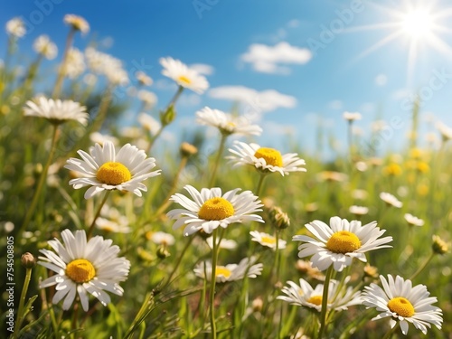 Daisies in a meadow under a sunny sky, capturing the essence of a carefree summer day, generative AI