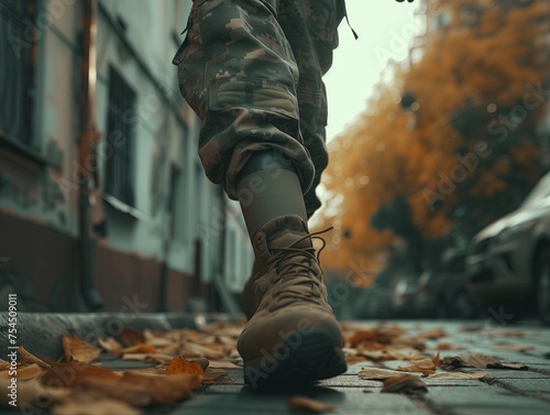 soldier with a prosthetic leg in the city. Close-up.