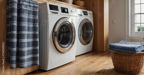 Wooden board and towels in a home laundry - perfect for advertising photo