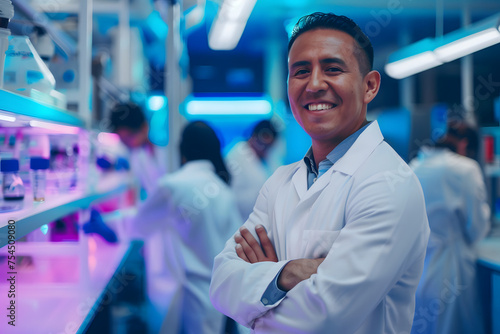 A proud Latino man, clad in a lab coat, stands with confidence in a high-tech research facility. Behind him, scientists diligently work on futuristic equipment. With a confident smile and arms crossed photo