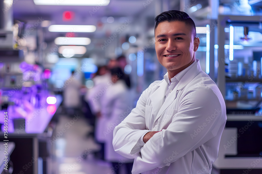 A proud Latino man, clad in a lab coat, stands with confidence in a high-tech research facility. Behind him, scientists diligently work on futuristic equipment. With a confident smile and arms crossed A proud Latino man, clad in a lab coat, stands with confidence in a high-tech research facility. Behind him, scientists diligently work on futuristic equipment. With a confident smile and arms crossed