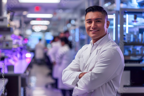 A proud Latino man, clad in a lab coat, stands with confidence in a high-tech research facility. Behind him, scientists diligently work on futuristic equipment. With a confident smile and arms crossed © jex