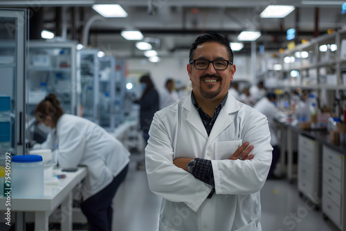A proud Latino man  clad in a lab coat  stands with confidence in a high-tech research facility. Behind him  scientists diligently work on futuristic equipment. With a confident smile and arms crossed