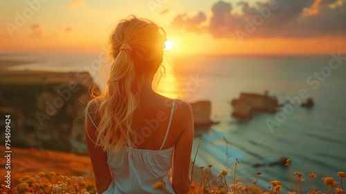 Beautiful blonde woman looking to sunset