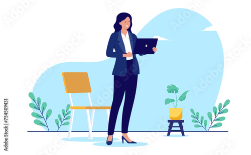 Professional woman with laptop - Female businessperson standing with computer in hands smiling dressed in casual business clothes. Flat design vector illustration with white background