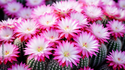 Small Pink cactus flowers and white cactus spines on green cactus background, Mammillaria compressa, Mother of Hundreds, close up photo