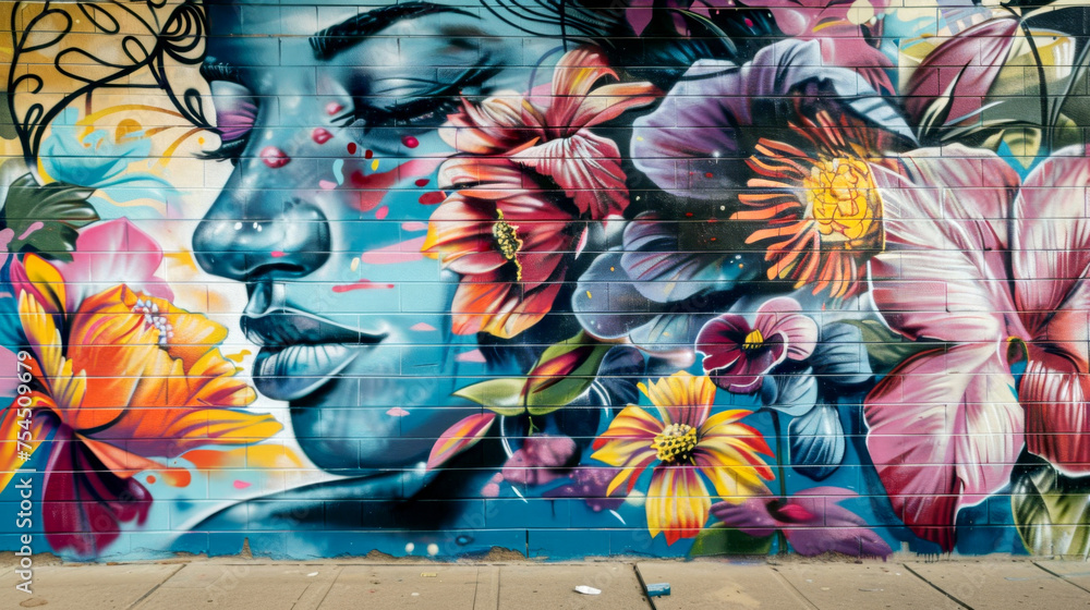 Obraz premium street art backdrop with a colorful mural of a woman's face surrounded flowers painted on an urban brick wall