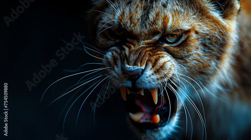 A close-up of a fierce lynx baring its teeth in a defensive stance, with detailed fur texture and intense eyes photo