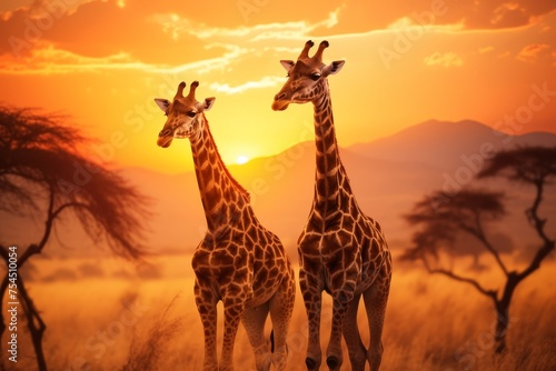 title. pair of majestic giraffes standing in the beautiful savannah landscape wildlife 