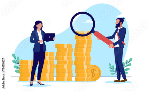 Financial research and inspection - Businesspeople with money and magnifying glass looking at economy and finances for business. Flat design vector illustration with white background