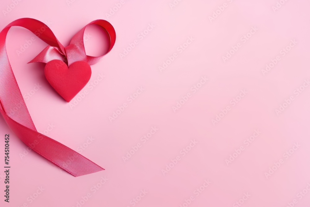 A red heart-shaped ribbon and small fabric heart on a pastel pink background with ample space.