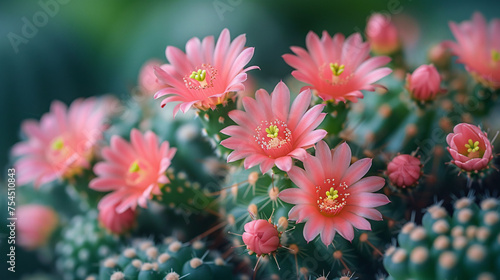 Close-up of pink flowers of cactus mammillaria blooming photo