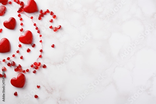 Decorative red hearts and red beads forming elegant patterns on a white marble surface. © Оксана Олейник