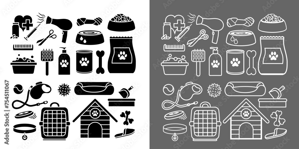 Série de pictogrammes d’objets pour les chiens dessinés en silhouette noire et en contour blanc. - obrazy, fototapety, plakaty 