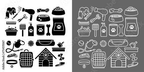 Série de pictogrammes d’objets pour les chiens dessinés en silhouette noire et en contour blanc. photo
