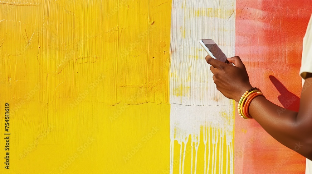 Młoda osoba trzymająca w ręku telefon komórkowy i przeglądająca zawartość ekranu przed tłem pomalowanym na trój kolorowy, żółty, biały i pomarańczowy - obrazy, fototapety, plakaty 