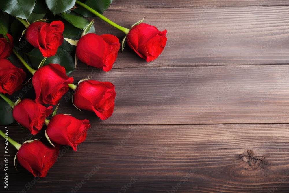 A bunch of fresh red roses laid diagonally on a dark wood surface, symbolizing romance. Vibrant Red Roses on Wooden Background