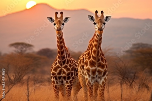 Pair of majestic giraffes standing gracefully in the vast and stunning african savannah landscape © Ksenia Belyaeva