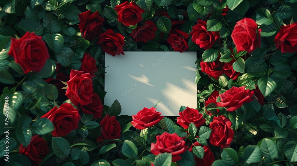 Kwadratowa ramka otoczona zielonymi liśćmi i czerwonymi różami. Czyste miejsce na tekst. - obrazy, fototapety, plakaty 