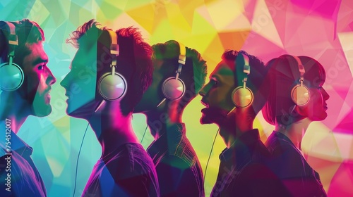 A Group Of People Wearing A Headset With A Colorful Background. photo