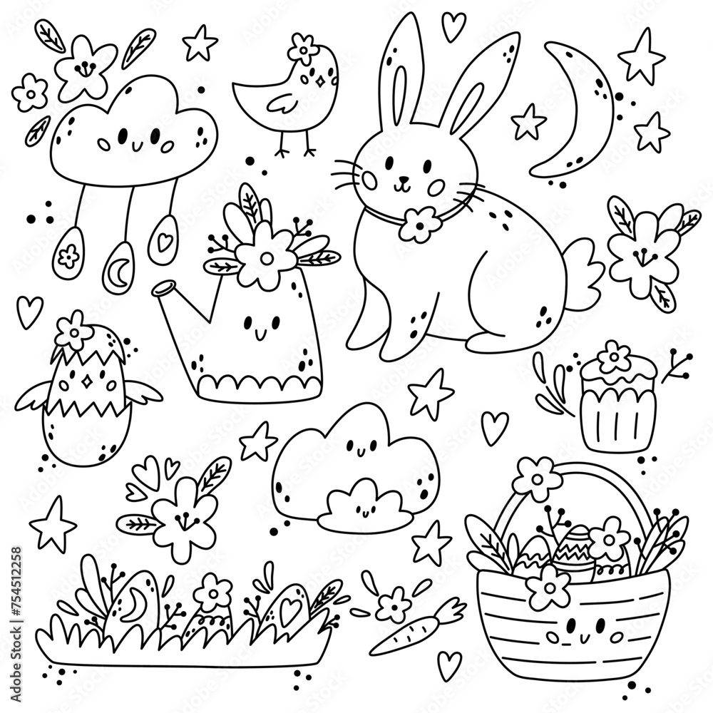 Easter line set with bunny, basket, flowers, eggs, chick and design elements. Easter illustration with festive animals in boho style. Ideal for kids room decoration, clothing, prints.
