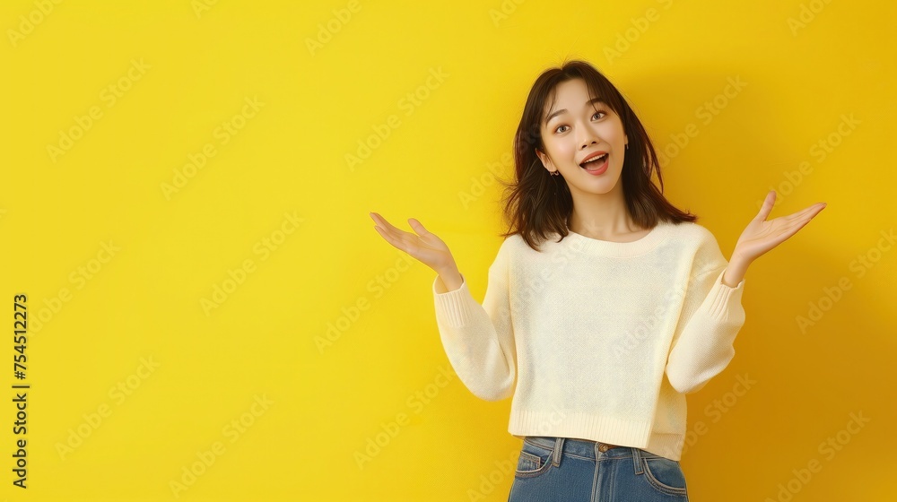 Fototapeta premium Kobieta w stylowym ubraniu stoi przed jasnożółtą ścianą. Jest skierowana twarzą do przodu i jest pozytywnie zaskoczona.