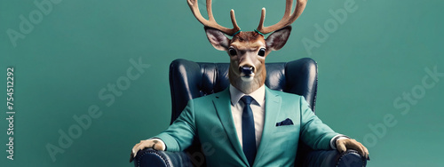 Trendy Christmas Rudolph deer with sunglasses and business suit sitting like a Boss in chair.