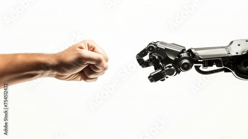 Na obrazie widać rękę człowieka sięgającą w kierunku metalowego ramienia robota. Dłonie zbliżają się do siebie w celu zbicia pięści na zgodę.