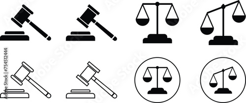 law icon set . auction hammer. Law scale. Justice sign and symbol vector illustration.