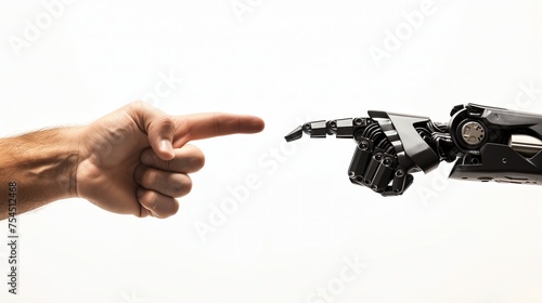 Na obrazie widzimy, jak ręka wskazuje na robota, który również wskazuje z powrotem. Ukazuje to interakcję między człowiekiem a maszyną.