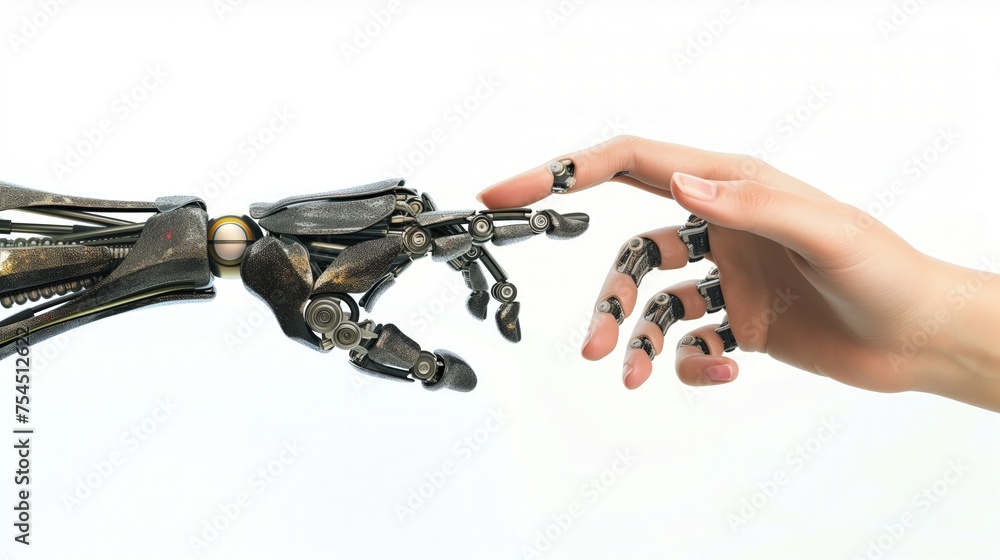 Ręka w pełni mechaniczna dotyka rękę bioniczną z wyglądem człowieka, wyrażając łączność i współpracę. - obrazy, fototapety, plakaty 