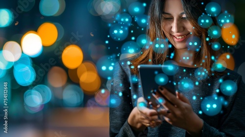 A woman holding smartphone surrounded by speech bubble overlay.