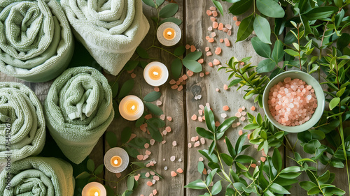 A relaxing spa setup with towels, candles, lush leaves, and rock salt on wooden table