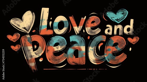 Słowa miłość i pokój namalowane na czarnym tle. Kubek, szklanka - projekt graficzny.