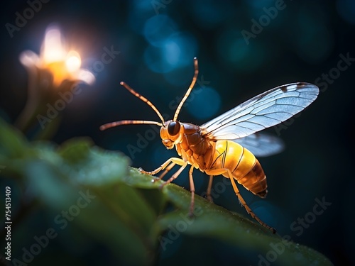 A firefly lighting up at dusk, with a macro shot that captures the glow and the insect's delicate form