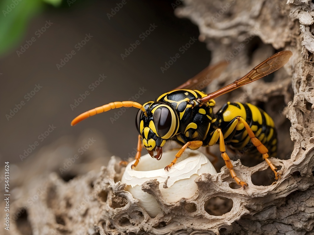 A wasp building its nest, detailing the construction process and the wasp's precise movements A wasp building its nest, detailing the construction process and the wasp's precise movements