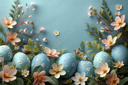 Blue background with flowers and eggs with copy sace. Scene is cheerful and festive, likely for Easter