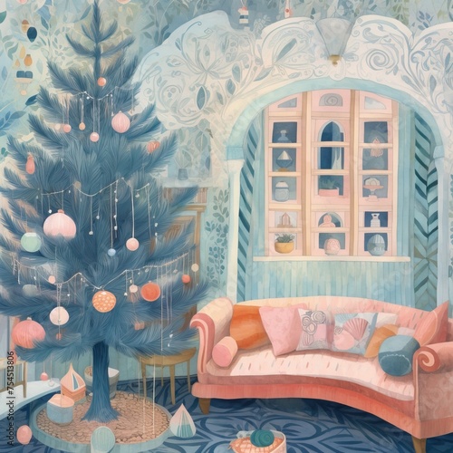 a Christmas tree print, josh rosman, joy laforme, inside of the house, in the style of brush drawing, in the style of azure and pink, doodle drawing, anne dewailly, storybook illustrations photo
