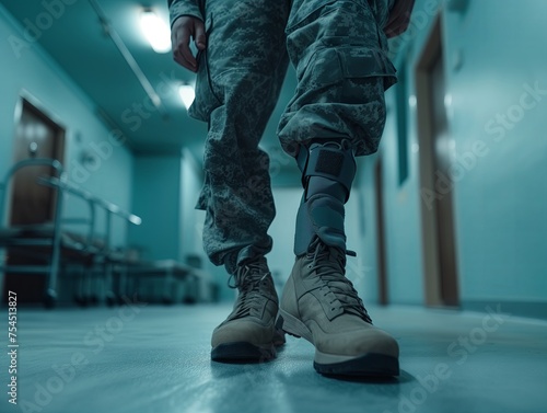 prosthetic leg for military and soldiers in the army. Recovery in a military hospital ward. Close-up.