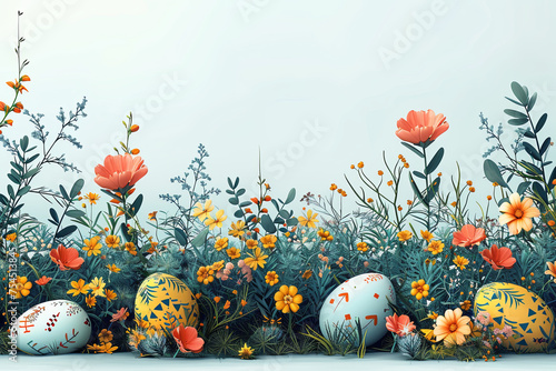 Field of flowers with a row of easter eggs in the middle with copy space