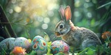 The Easter bunny draws images on Easter eggs, in the middle of a magical forest with flowers