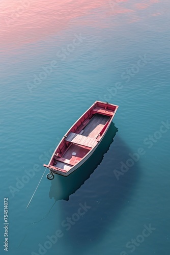 flat lay of a retro fishing boat on a sea ,with strong shadow from sun sun rays, in the style of minimalist still life , magenta and blue grey, post-minimalist