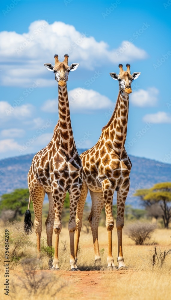 Obraz premium Pair of graceful giraffes standing proudly in the serene wilderness of the savannah