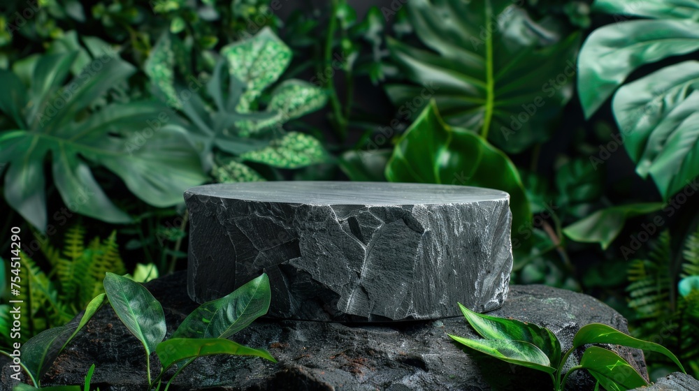 Black stone podium in front of green plant foliage to place your products. Generate AI image Black stone podium in front of green plant foliage to place your products. Generate AI image