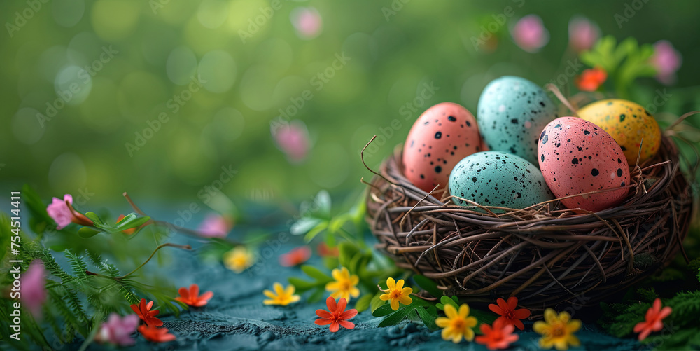 Basket of eggs is surrounded by flowers and leaves with copy space Basket of eggs is surrounded by flowers and leaves with copy space