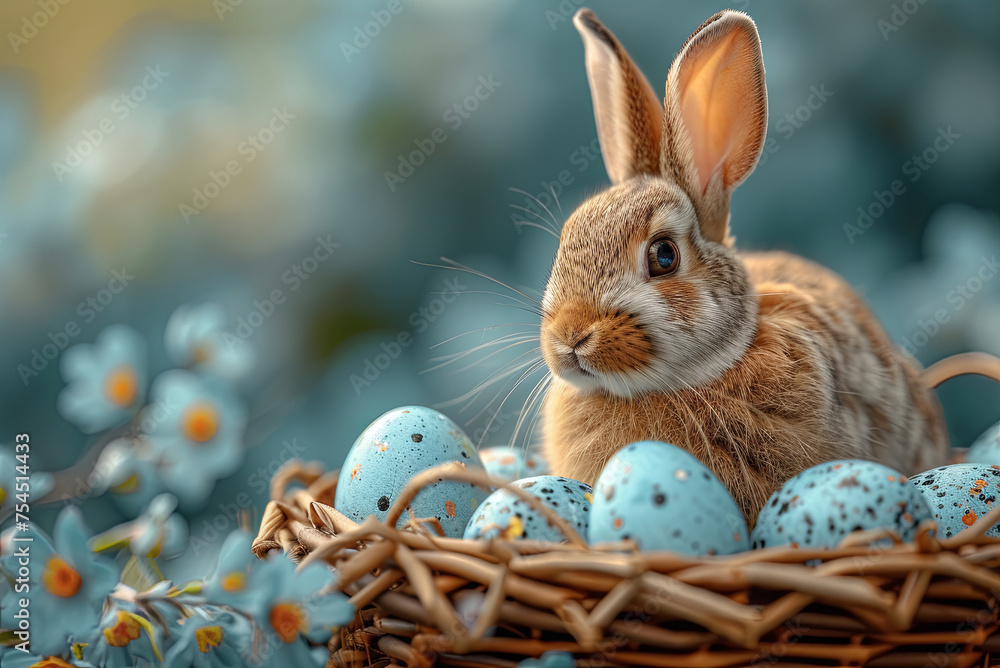 Easter rabbit is sitting on a basket full of eggs Easter rabbit is sitting on a basket full of eggs