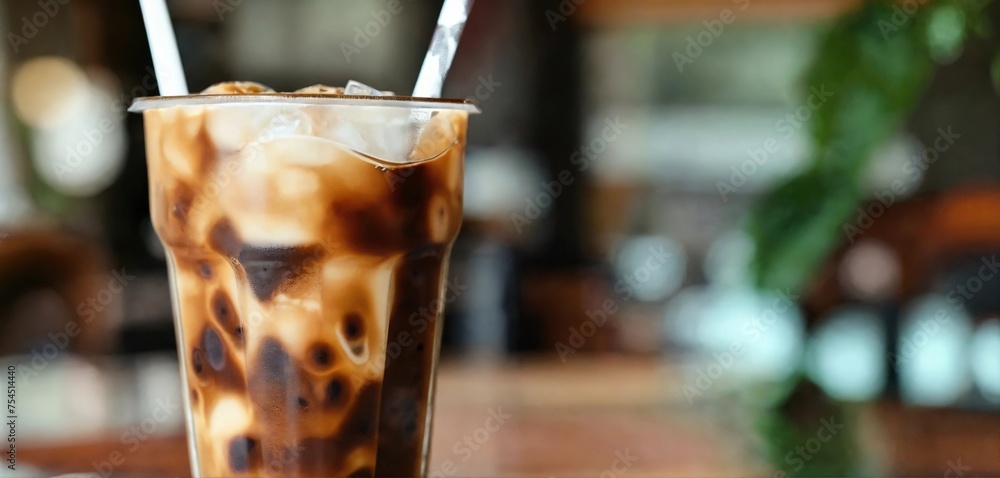 Milk Being Poured Into Iced Coffee on a dark table Milk Being Poured Into Iced Coffee on a dark table