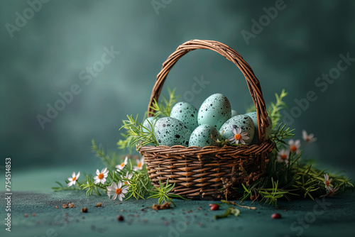 Basket of easter eggs with flowers in the background