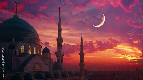 Embrace the enchanting beauty of Ramadan's twilight hours, where the sky is ablaze with hues of pink and gold, casting a magical glow over the landscape as the faithful gather for evening prayers.